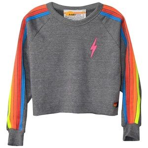 Aviator Nation Bolt Cropped Classic Crew Sweatshirt- Heather Grey/Neon, size XS